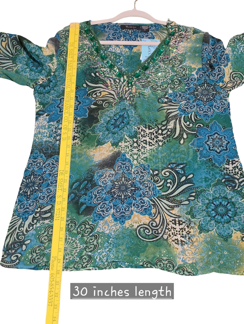 RAVIYA Tunic Blouse Womens Large Green Blue Beaded Boho Forest Fairy Bell Sleeve - Picture 13 of 14